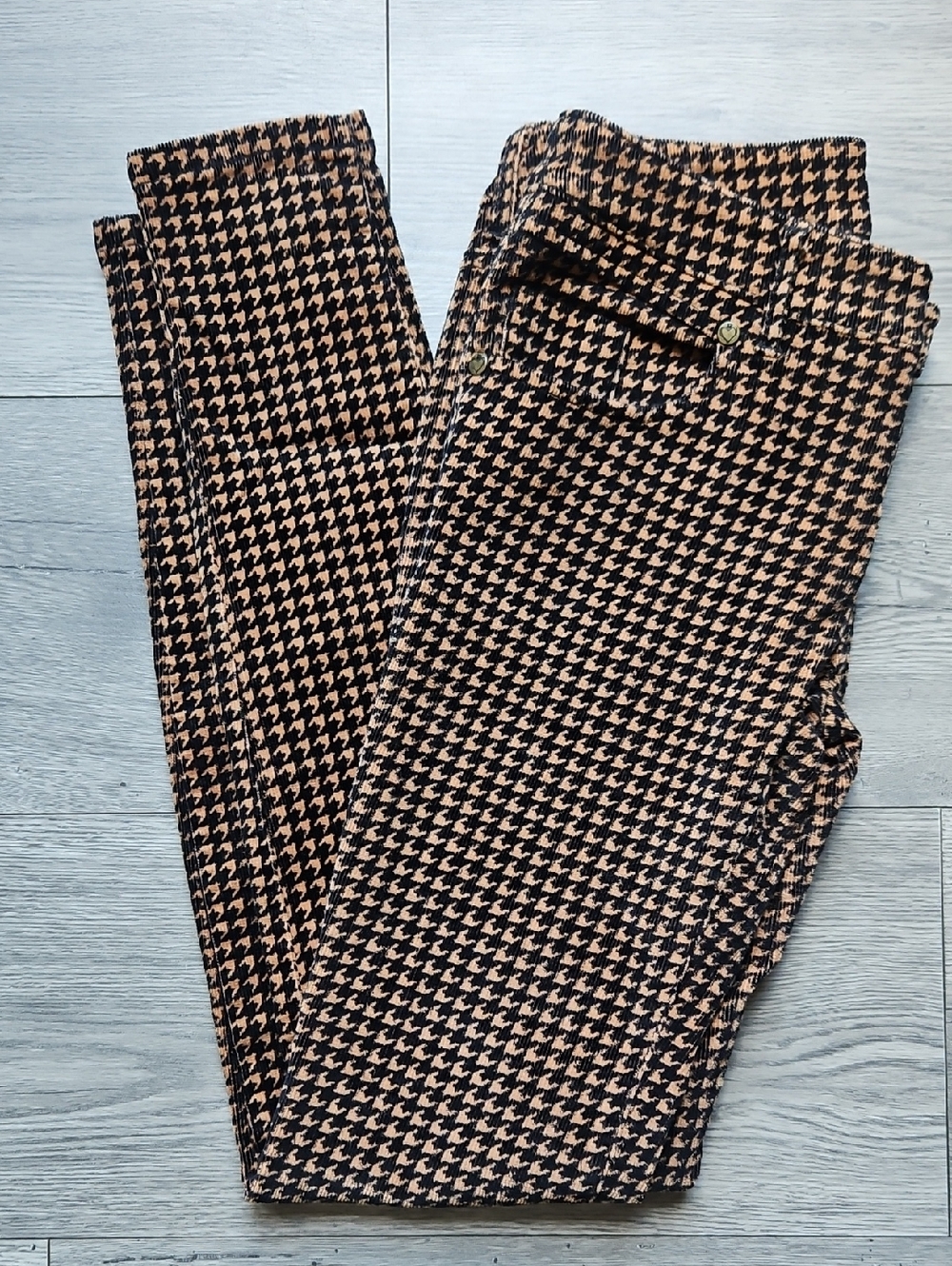 Vera Wang Princess Houndstooth Skinny Stretch Corduroy Pants 1 Black/Camel